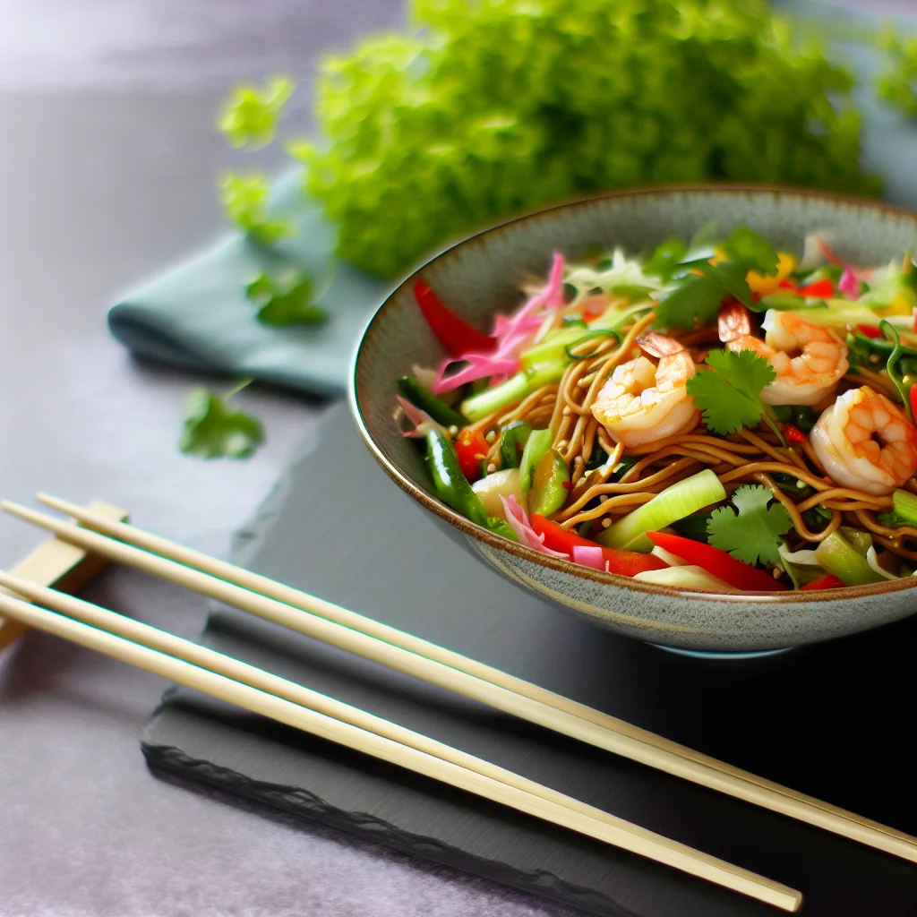 Bowl de Nouilles Sautées aux Crevettes et Légumes