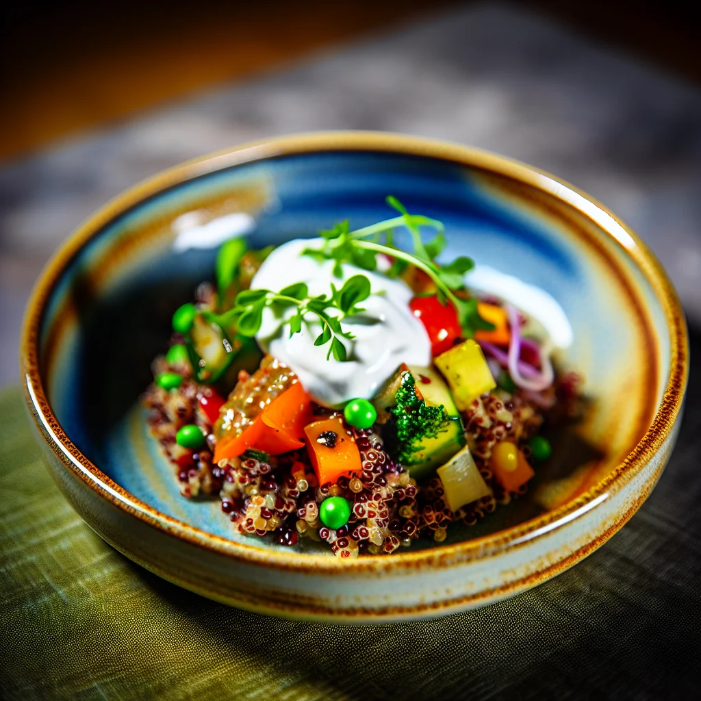 Bowl de Quinoa aux Légumes Grillés et Sauce au Yaourt