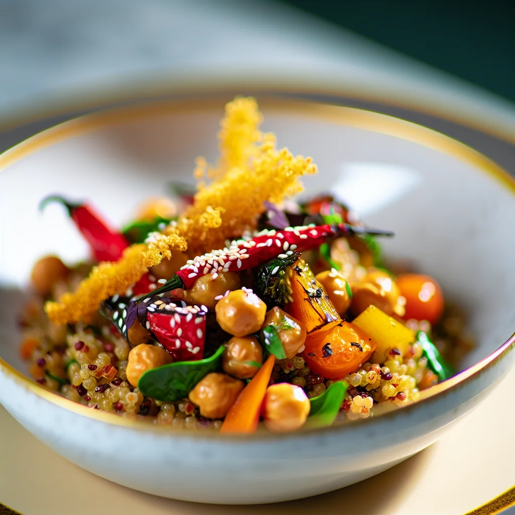 Bowl de Quinoa Épicé aux Légumes Rôtis et Pois Chiches