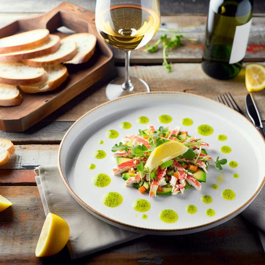 Carpaccio d'avocat et de crabe en vinaigrette aux agrumes