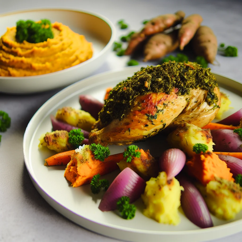 Couronne de Poulet Rôti aux Herbes et Purée Crémeuse de Patates Douces