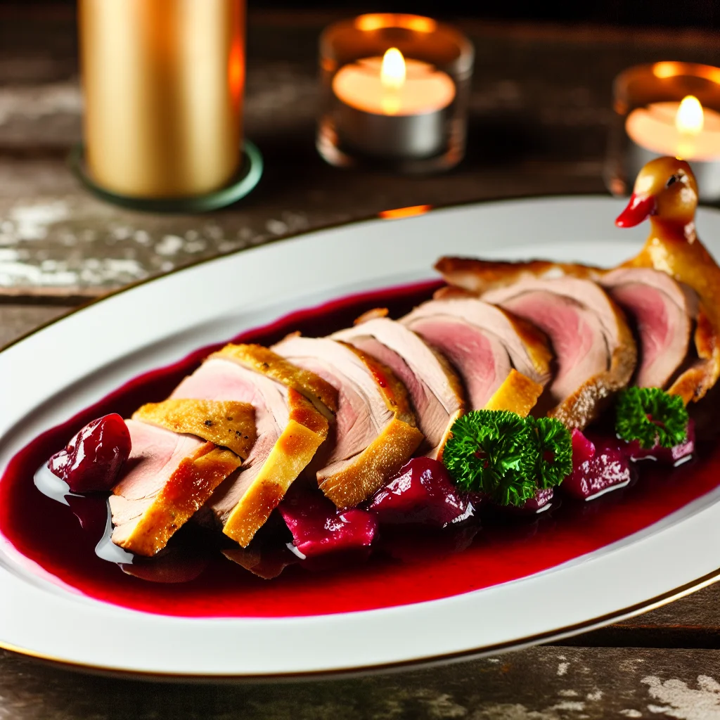 Délice de canard aux cerises et au vin rouge