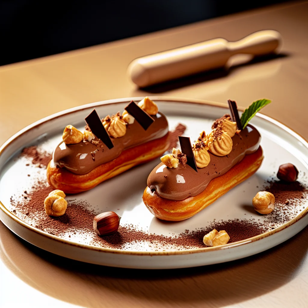 Éclair au praliné et mousse chocolat noir