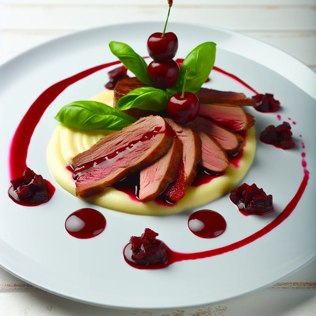 Filet de canard aux cerises et purée de céleri-rave