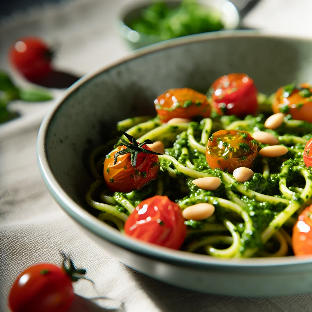 Pâtes au pesto de roquette et tomates cerises rôties