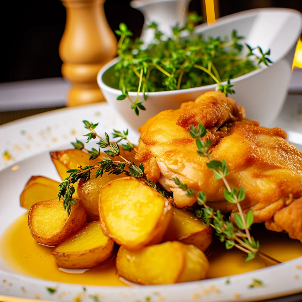 Poulet Croustillant à la Moutarde à l'Ancienne & Pommes de Terre Rôties