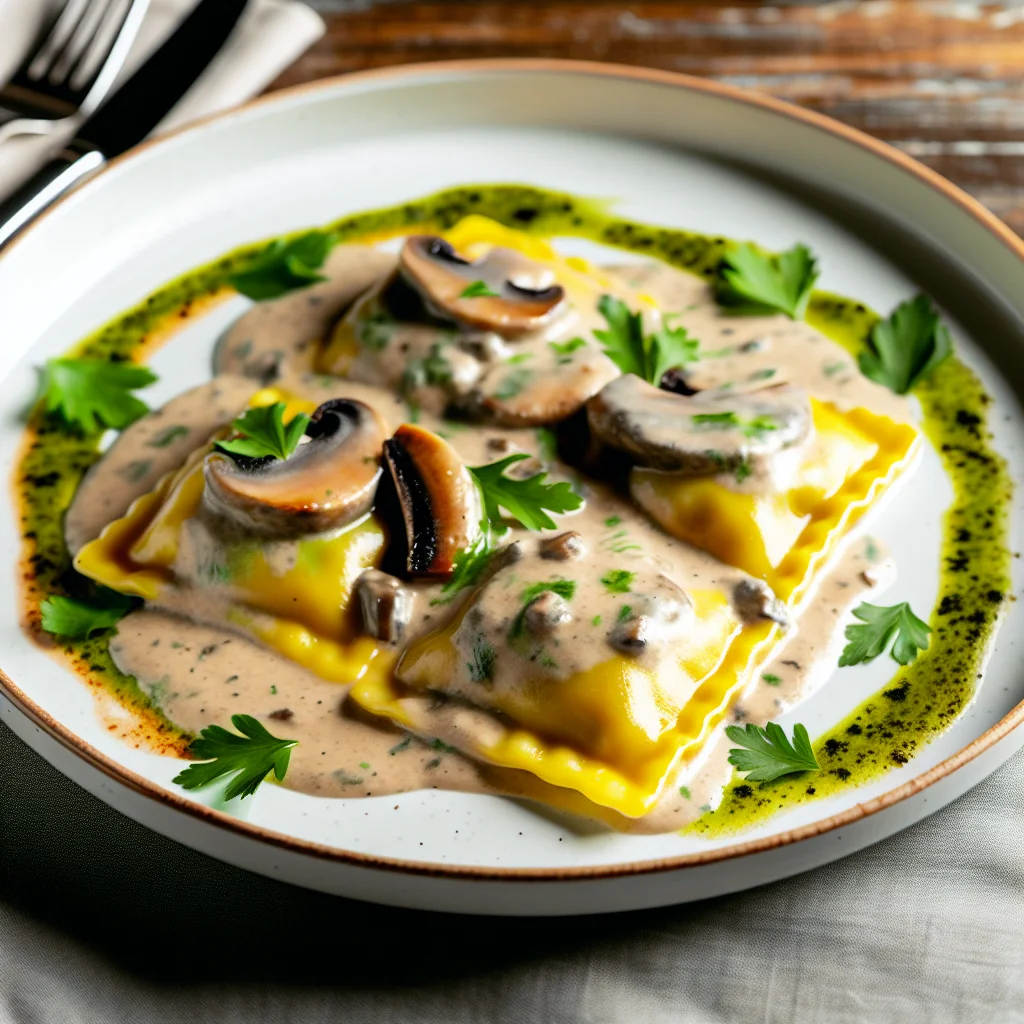 Ravioles de canard à la crème de champignons