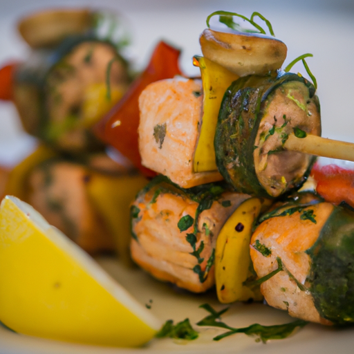 Brochettes de saumon mariné au citron vert et légumes croquants