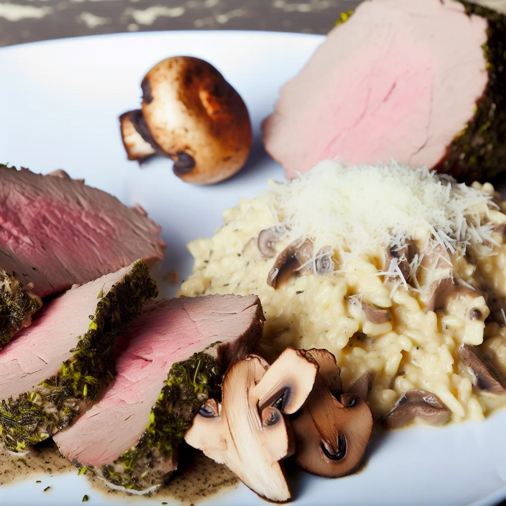 Rôti de veau en croûte d’herbes et risotto aux champignons