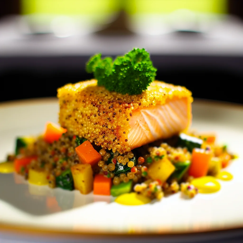 Saumon en croûte de quinoa et légumes rôtis