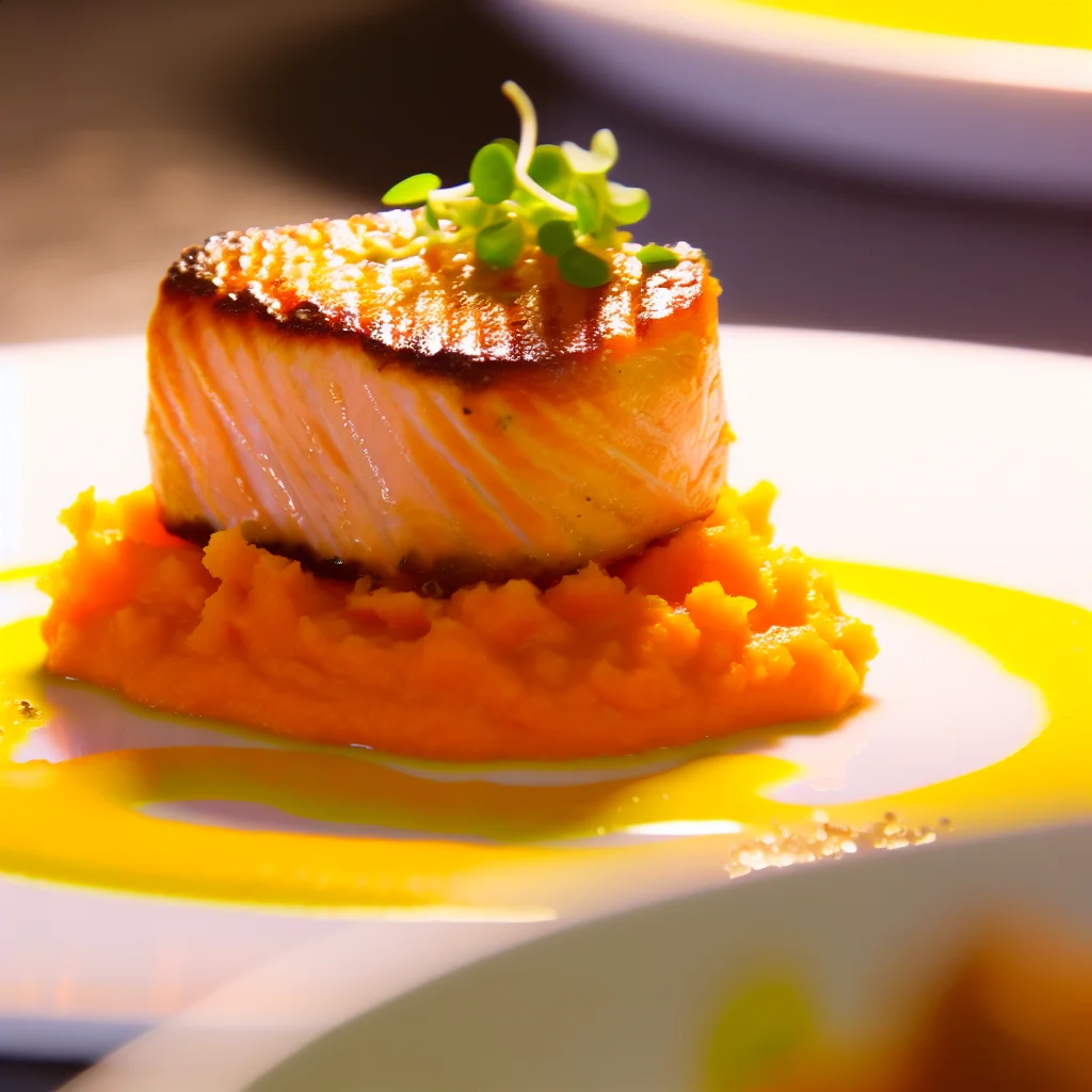 Tournedos de saumon en croûte d'herbes, purée de patates douces et sauce au citron