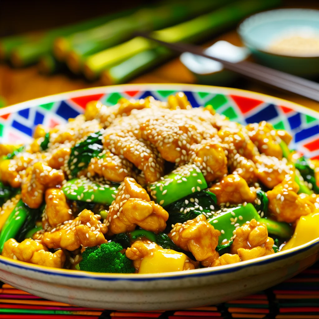 Wok de poulet au sésame et légumes croquants